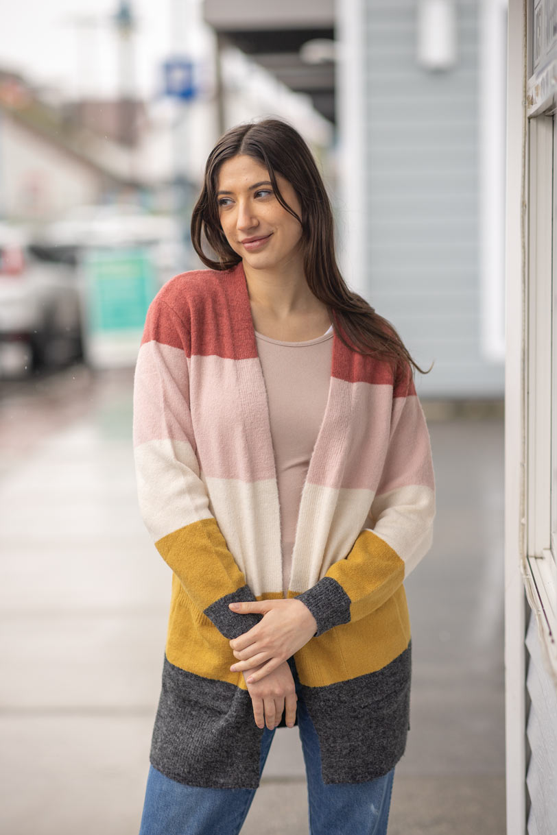 ST-13250 - Striped Lightweight Cardigan with Pockets